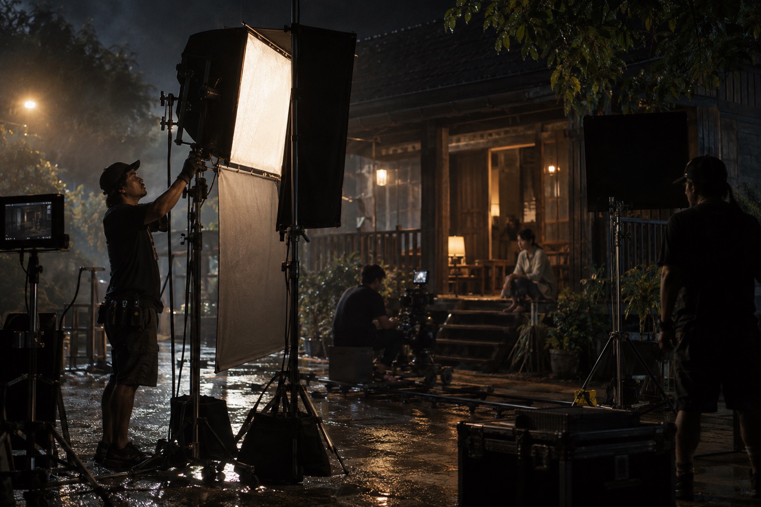 ภาพประกอบสร้างด้วย AI: ทีมไฟปรับ softbox ในกองถ่ายกลางคืน